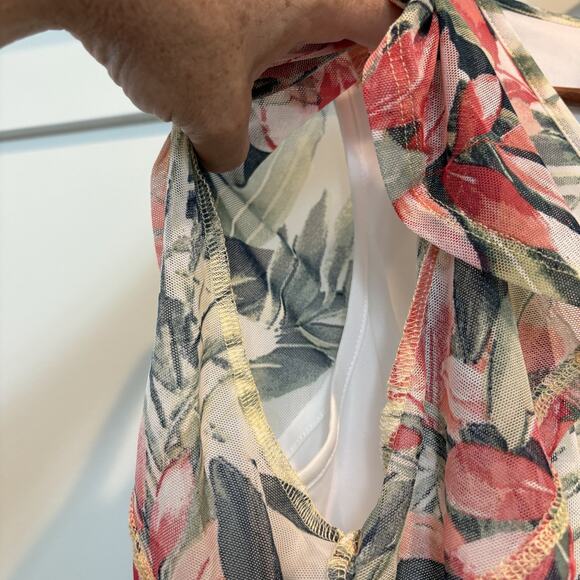 Cocomo Shirt Women Large Pink Green Floral Mesh Overlay Sheer Layered Tie Front - Picture 6 of 12